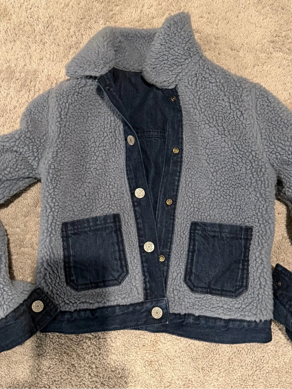 GAP Kids Dark Blue Denim Jacket with Light Gray Sherpa Collar